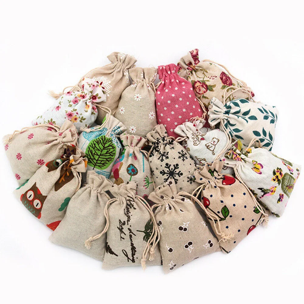 

50PCS Printed Cotton & Linen Candy Gift Bags Handmade Drawstring Wedding DIY Gift Packaging Storage Cotton Bag