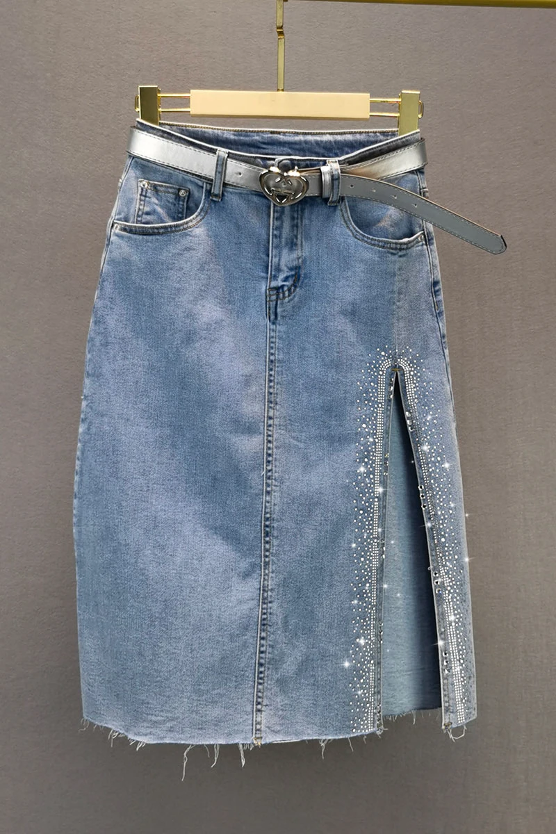 

Mid-Length Denim Skirt for Women 2021 Spring Summer New High Waist Hot Rhinestone Split One-Step Skirt Jeans Female Skirts Mujer