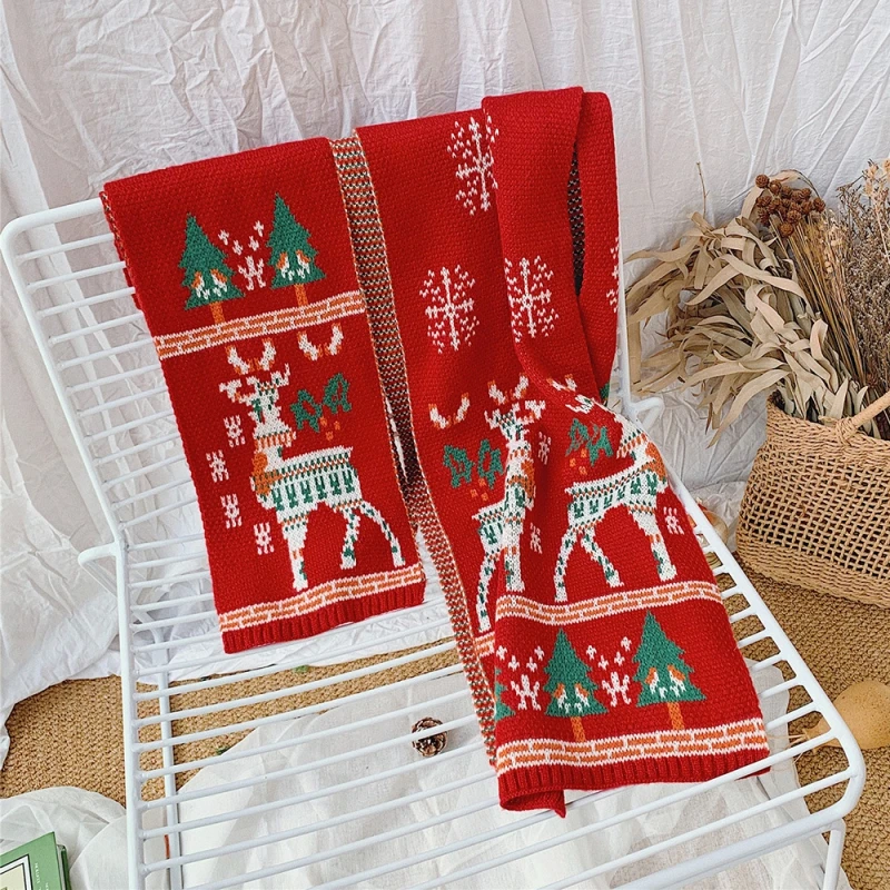 

Parent-child Christmas Scarf Reindeer Adult Knitted Scarf Winter (3803) Adult Red Fashion And Cute