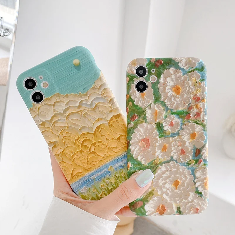 

Retro oil painting flower phone case For iPhone 11 Pro Max XR XS Max X 7 8 Plus Soft Liquid silicone Cover For iPhone SE 2020 XR