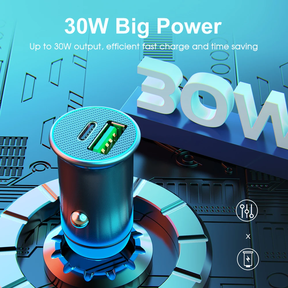 

YKZ Car Charger With luminous PD3.0 30W Mini Full Metal Dual QC 3.0 QC4.0 USB Car Charger Type C Quick Charge For mobile phone