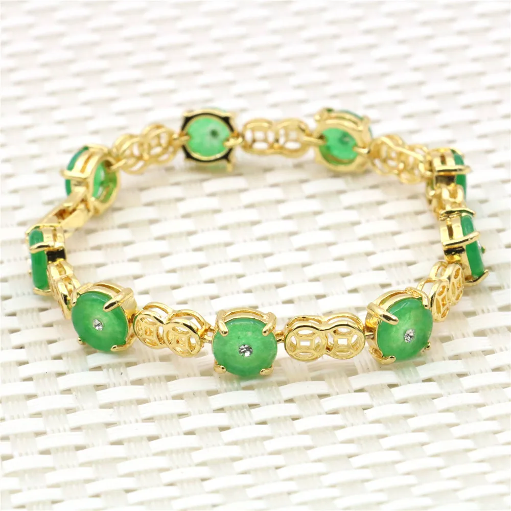 

Round Shape Green Jades Emeralds Bracelet Alloy Crystal Chalcedony Natural Stone Women Girls Jewelry Hand Ornament
