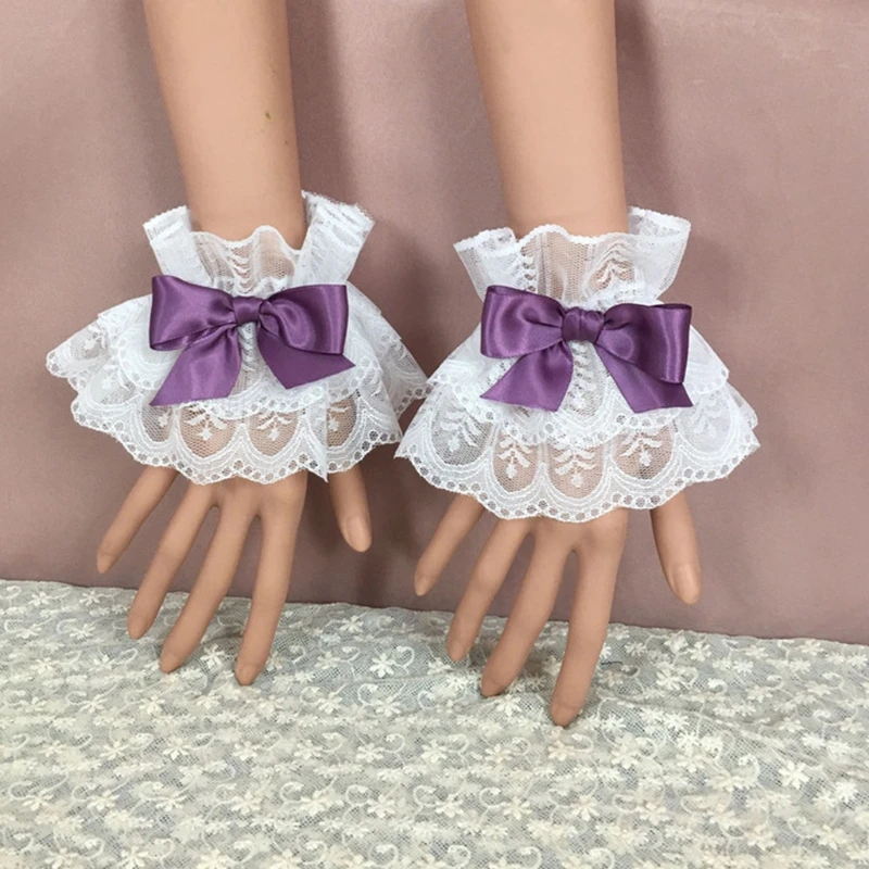 Women  Hand Sleeve Wrist Cuffs Ruffled Lace Bowknot Maid Cosplay Bracelet   Wrist Sleeves Pleated with Bowknot Dropshipping