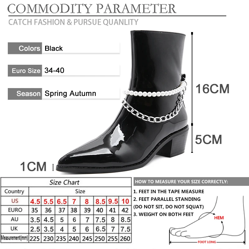 

BYQDY Fashion Patent Leather Pointed Toe Spike Boots For Girls Square Heel String Bead Sexy Chain Western Short Boots with Zip