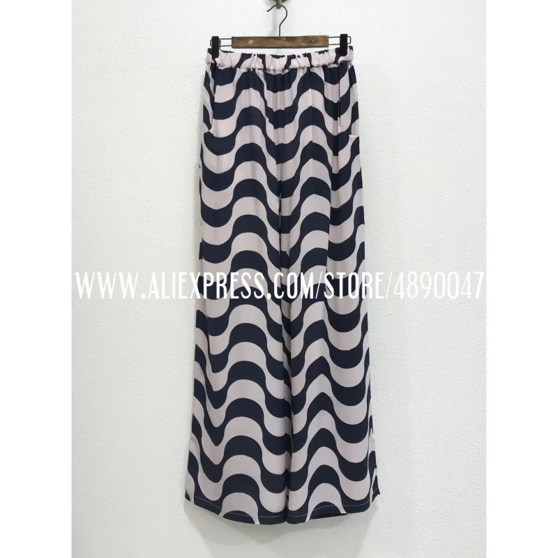 

2021 summer high-quality new wave pattern printed silk wide-leg pants elegant material elastic waist casual pants trousers