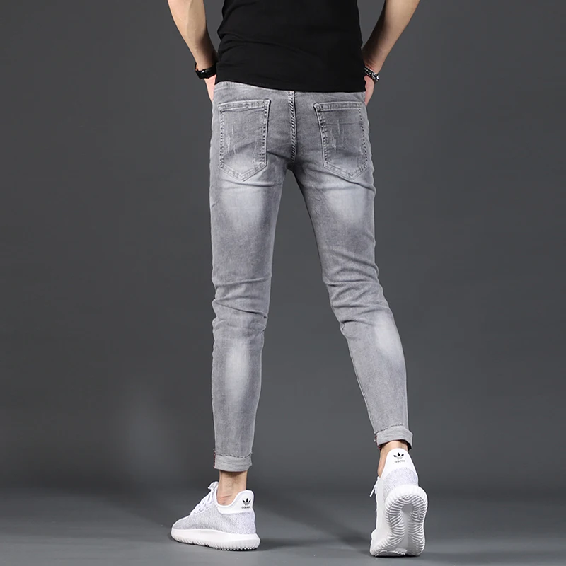 Men Ripped Skinny Jeans Summer Gray Cotton Stretch Ankle-Length Pants Fashion Korean Style Slim Fit Denim Trousers