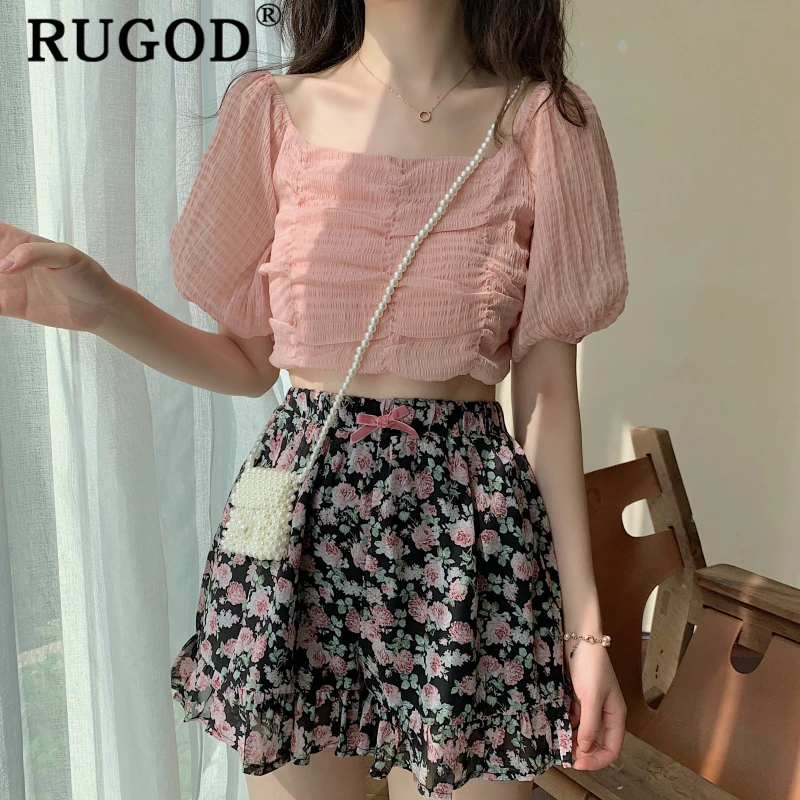 RUGOD/винтажная однотонная женская блузка, Элегантная футболка с пышными рукавами, Стильные корейские летние топы, женская одежда