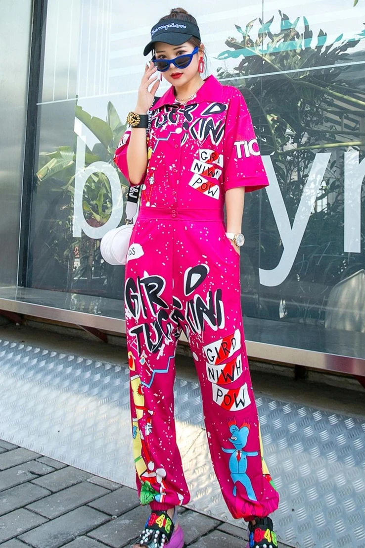 

Thailand fashion brand personalized print hip hop hip hop graffiti Jumpsuit women's loose port style fashion overalls summer