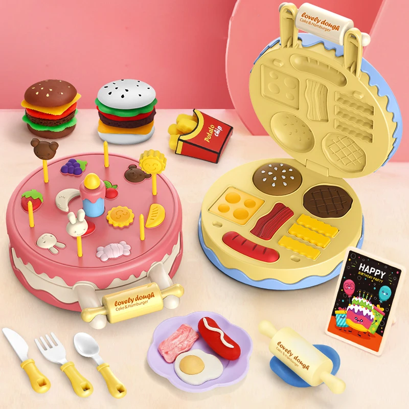 

Kids DIY Handmade Color Mud Gel Plasticine Cake Hamburger Machine High Imitation Mold Tool For Children Pretend Play Set Toys