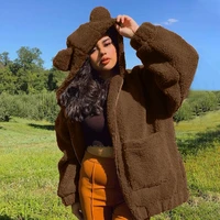 y2k kawaii plush teddy coat fleece zipper hooded long sleeve loose jackets brown 2021 autumn winter women fashion casual coats