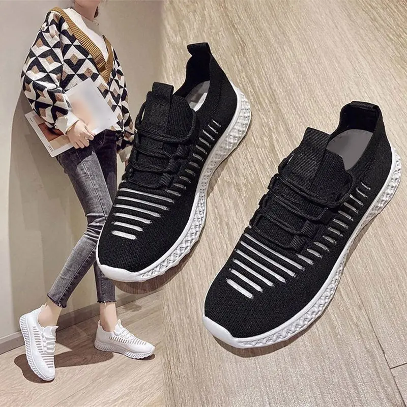 

Women Sneakers Breathable Knitted Plus Size 43 Outdoor Comfortable Ladies Shoes Fretwork Leisure 2021 New Summer Women Sneakers