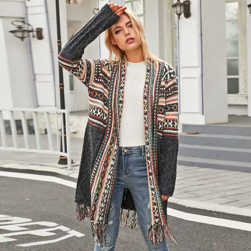 Женский трикотажный жаккардовый кардиган с V-образным вырезом и длинным рукавом |