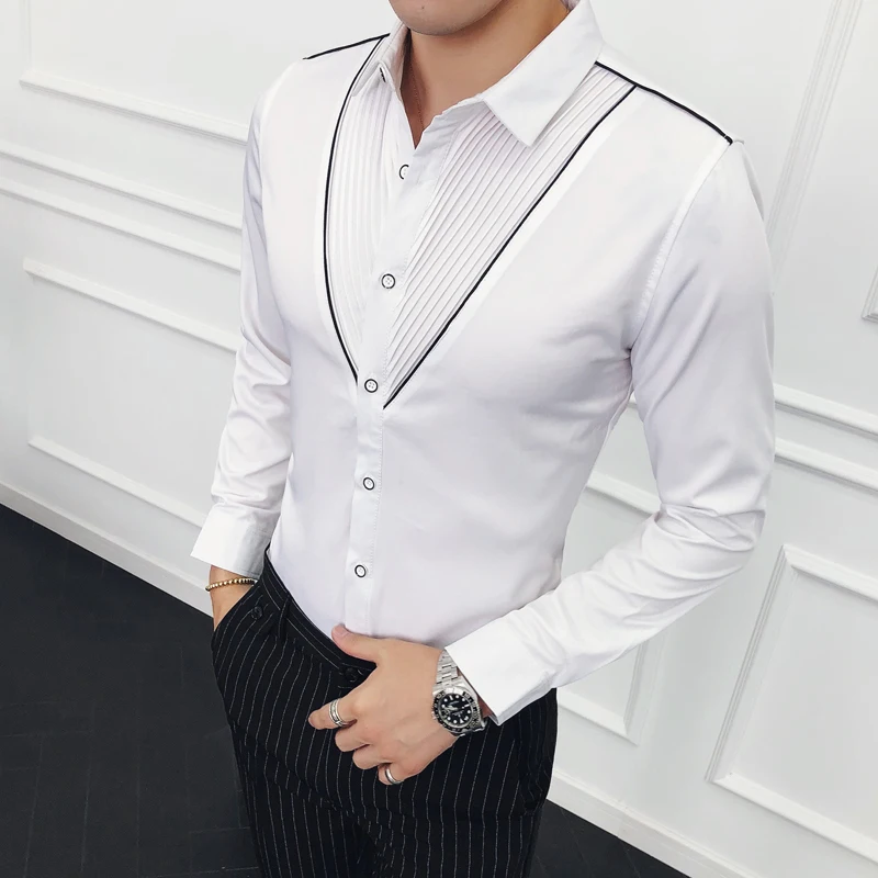 

Fashion Designer V-shaped Pleated Shirt Slim Long-sleeved Petticoat Men's Wedding Party Social Shirt Evening Dress Tops M-3XL