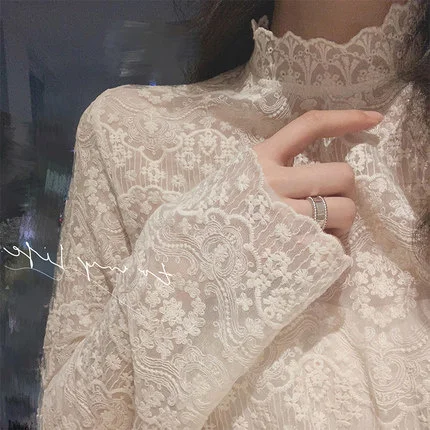 

Lace Bottoming Shirt Women's Autumn Clothing 2021 New Half Turtleneck Embroidered Western Style Fashion Inner Match Base Mesh