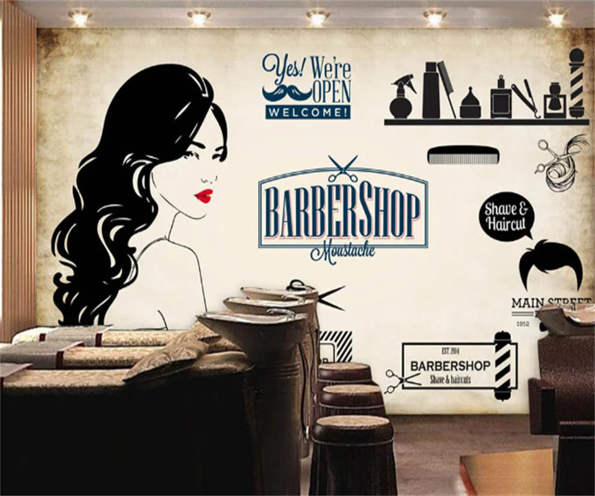 

Customized Hair Salon Barber Shop Wallpaper Painting European Beauty Shop Clothing Store Background Photo Wallpaper papier peint
