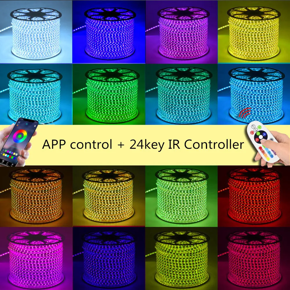 Двухрядная светодиодная RGB лента 220 В с ИК-управлением 120 светодиодов на метр 5050 24