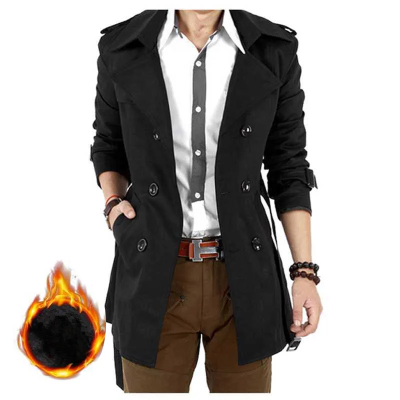 Men's Windbreaker Jacket Vintage Black Khaki Spring Autumn Business Trench Male Double Breasted Retro Classic Long Coat Thick | Мужская