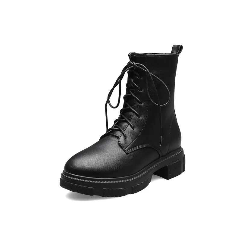 

2019 Autumn Pu Flock Lace Up Cross Tied Ankle Combat Boots for Women Chunky Heel Booties Footwear Black Platform Shoes