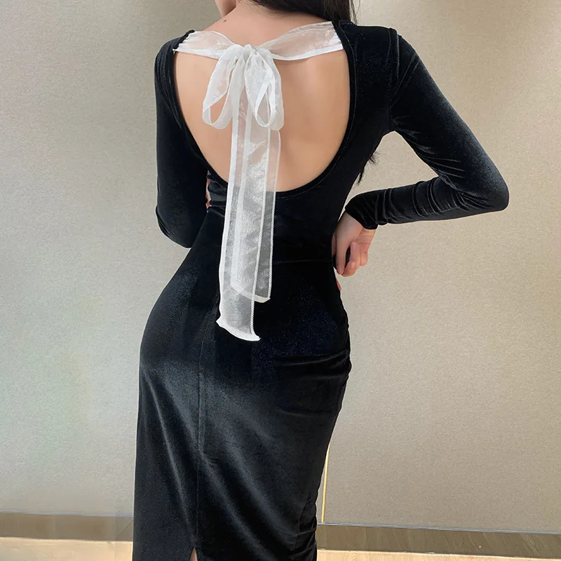 

2021 Spring Summer New Sexy Bodycon Dress Women Full Sleeve Slim Ribbon Backless Dress Ladies Knee Length Party Dress