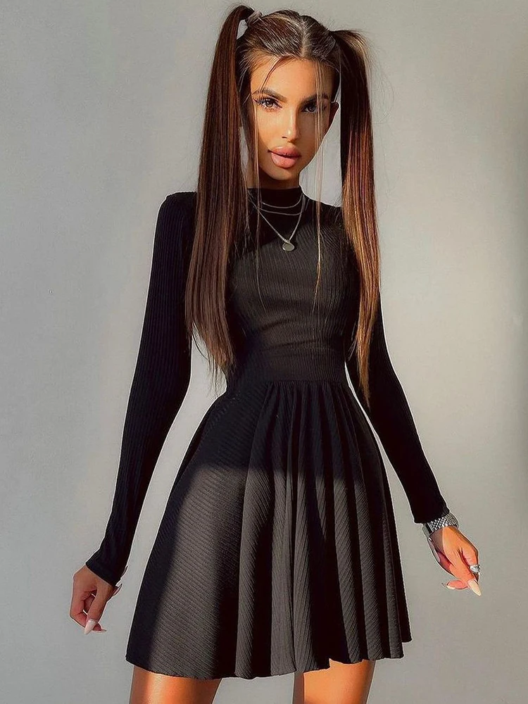 

Sifreyr Basic Long Sleeve Sweater Dress Women Autumn Black O Neck A Line Mini Dresses Casual Streetwear Chic Backless Sexy Dress
