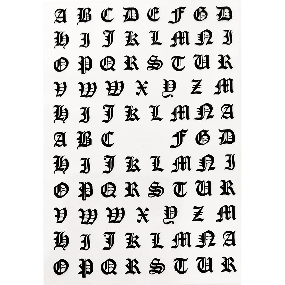 5 Sheets/Set Holographic Rose Gold Silver Laser Retro English Letter 3D Nail Art Sticker Black Text Tag Adhesive Decals TY5 |