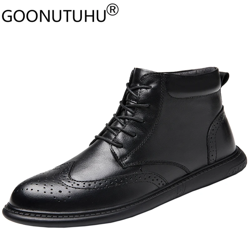 2022 Style Men's Winter Boots Casual Genuine Leather Derby Shoe Male Autumn Classics Black Plush Waterproof Brogue Shoes For Men