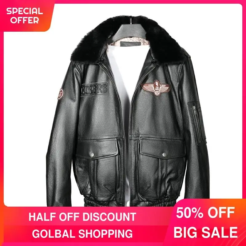 

2021 Black Military Style Pilot Leather Jacket Men Wool Collar Plus Size 4XL Genuine Natural Cowhide Autumn Aviation Coat