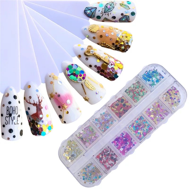 

12 Grids/Set Mixed Color Round Nail Glitter Flakes 1/2/3mm 3D Sequins Paillette Powder Charm Nail Art Decoration Manicure