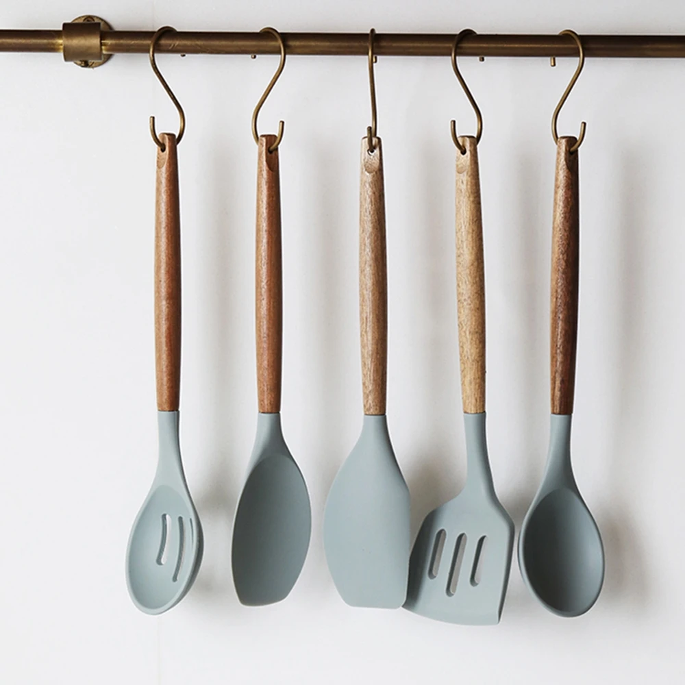 Silicone Cooking Utensil Set of 7 Nonstick Spatulas Spoon Strainer Slotted Pasta Fork Best Kitchen Gadgets | Дом и сад