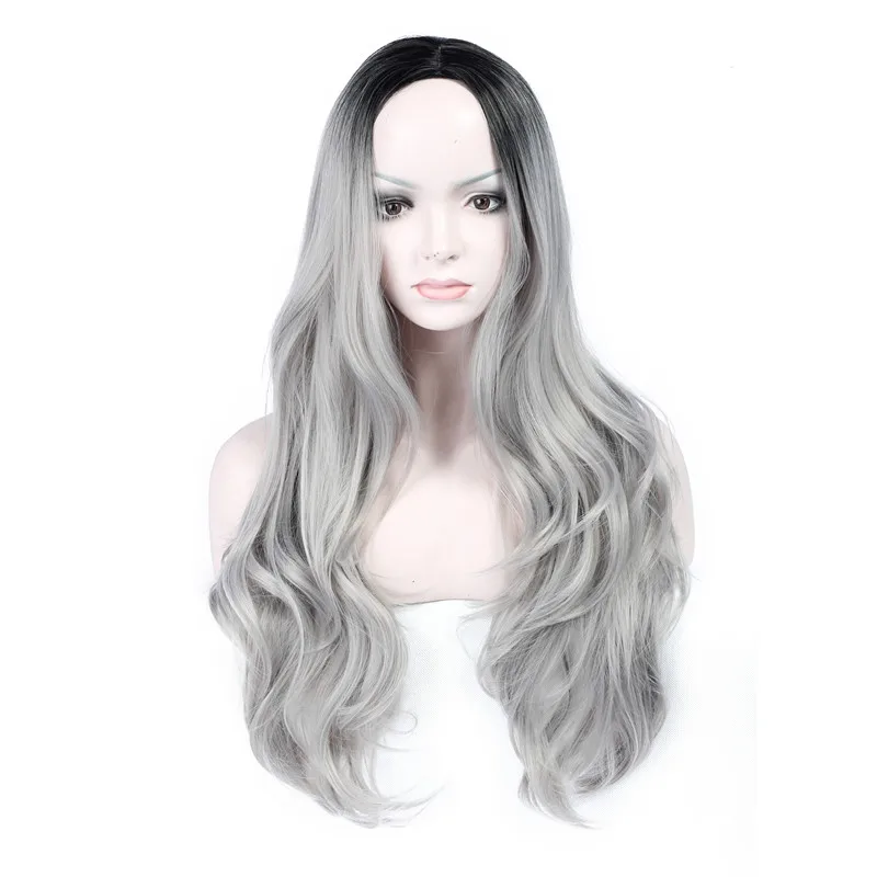 

Kong&Li Long Natural Wave Synthetic Ombre Silver Gray to Ash Gray Wigs for White Black Women Party Costume Cosplay Hair wig