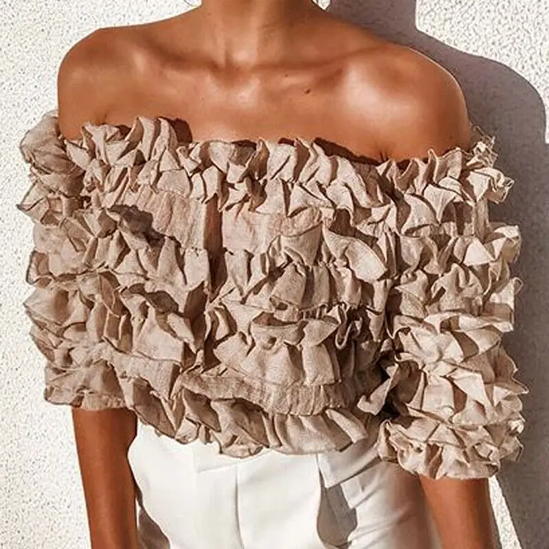 Новая женская прозрачная блузка с открытыми плечами рюшами и пышными длинными