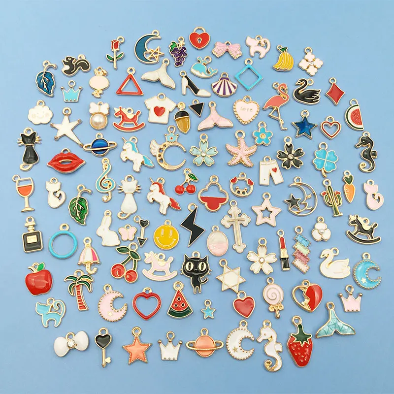 

Mix 100pcs Alloy Assorted Enamel Gold Plated Dainty Dangle Charms Pendant for Fashion Jewelry Making Bracelets Necklace Earring