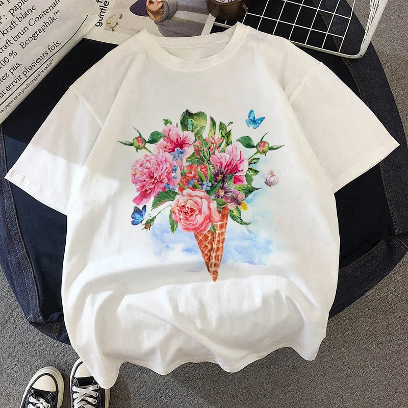 

2020 T-shirt Female Flowers butterfly Tshirt Short sleeve Summer Tee shirt Easy Matching Round Neck new summer T-shirts female
