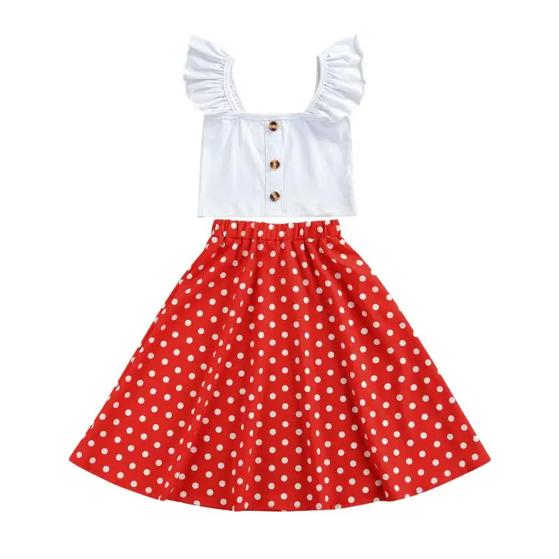 

Одежда для малышей, однотонные укороченные топы с квадратным воротником и рукавами в горошек для девочек, длинная юбка с принтом, детская од...