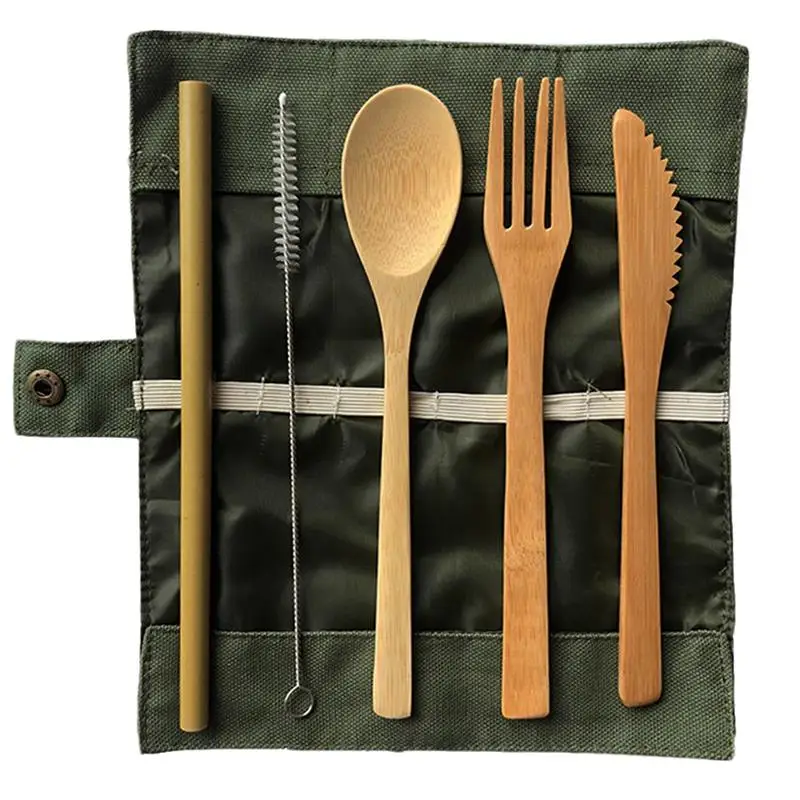 

5 Pcs/Set Portable Flatware Kits Natural Bamboo Cutlery Fork Spoon For Kids Camping Environmentally Utensil With Cloth Bag