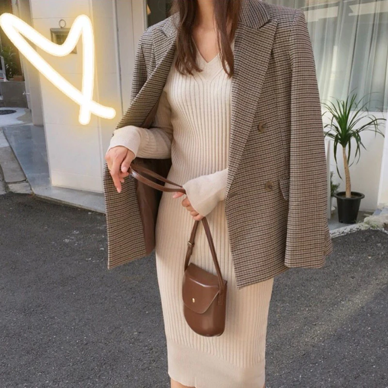 

Vintage Double Breasted Office Ladies Plaid Blazer Long Sleeve Loose Houndstooth Suit Coat Jacket Women blazers Female 2020