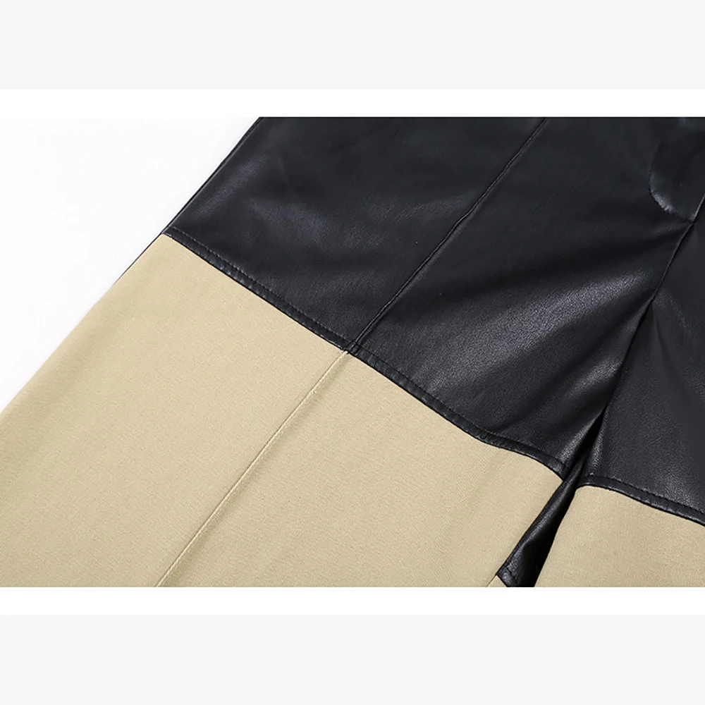 

YUANYUANJYCO Spring Autumn Women Long Casual PU Patchwork Pants Fashion Faux Leather Straight Baggy Loose With Pocket Trousers