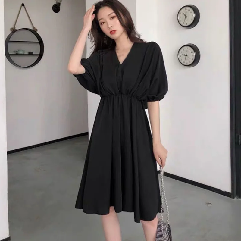 Женское платье трапеция с V образным вырезом и коротким рукавом|Женские платья| |