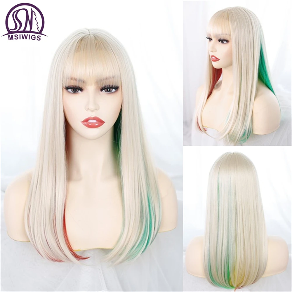 

MSIWIGS Long with Bangs Straight Synthetic Wigs Mixed Blonde Green and Pink Color Heat Resistant Cosplay Hair for Women