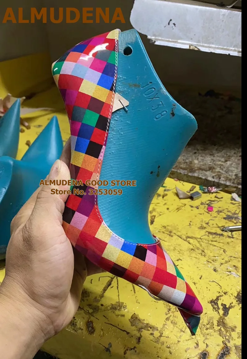ALMUDENA Multicolor Checkered High Heel Shoes Colorized Plaid 12 10 8cm Gladiator Shoes Slip-on Shallow Wedding Pumps Size45
