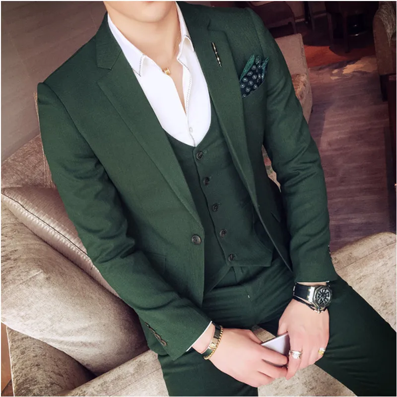 2021 темно-зеленые мужские костюмы Slim Fit комплекты (куртка + брюки жилет) для