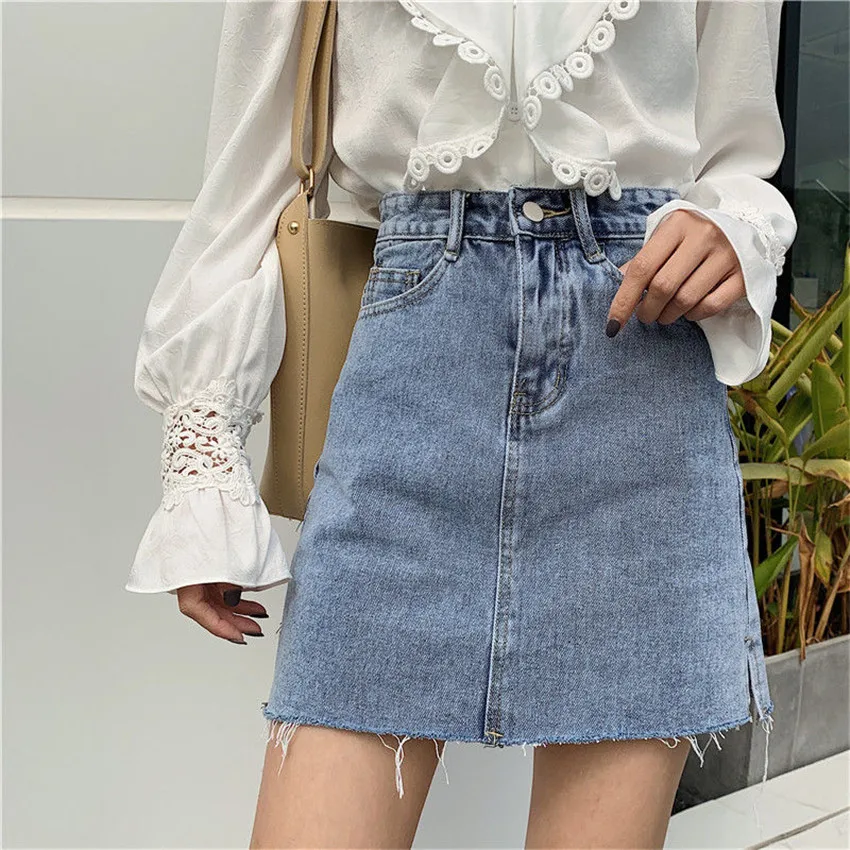 

High Waist Denim Skirts Women Korea Summer Casual Blue Pencil Pockets Button Streetwear Mini Jeans Skirt Faldas