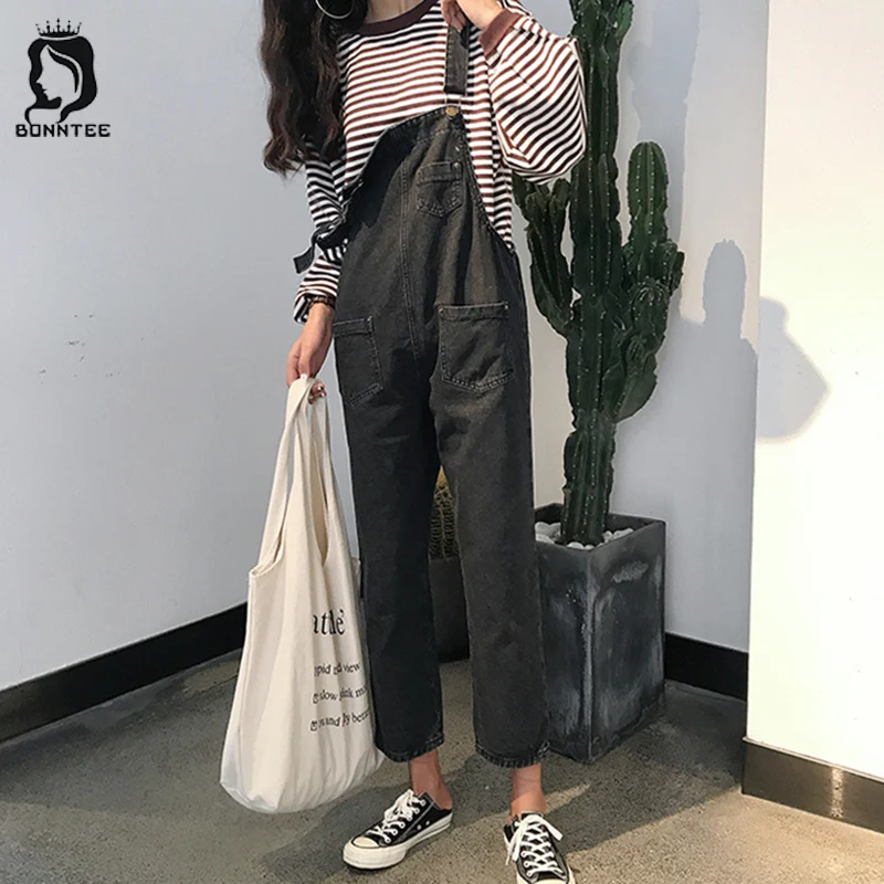 Женские черные джинсовые комбинезоны Свободные Комбинезоны с карманами