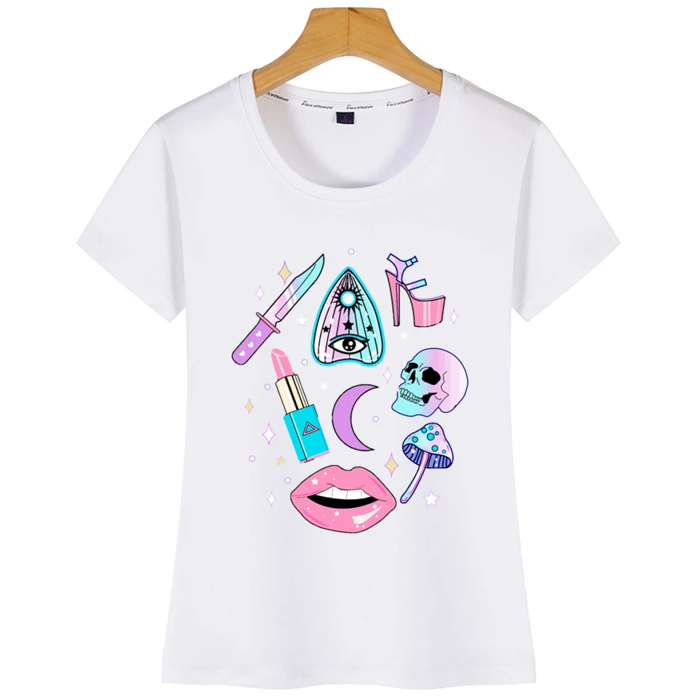 Топы Футболка Для женщин Girly пастельных ведьмы узор Повседневное Harajuku футболка с