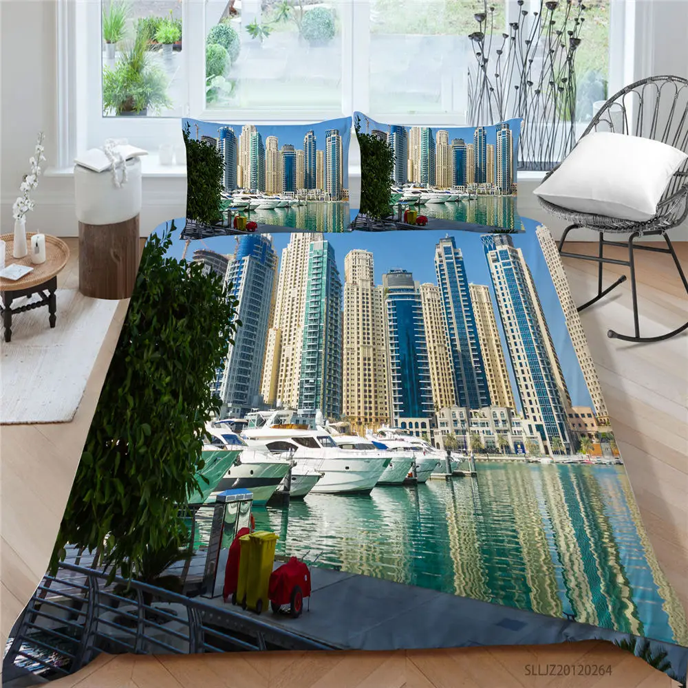 

King Size Bedding Set City Scenery Fashion 3D Duvet Cover Tall Buildings Queen Twin Full Double Single Bed Set Yachts