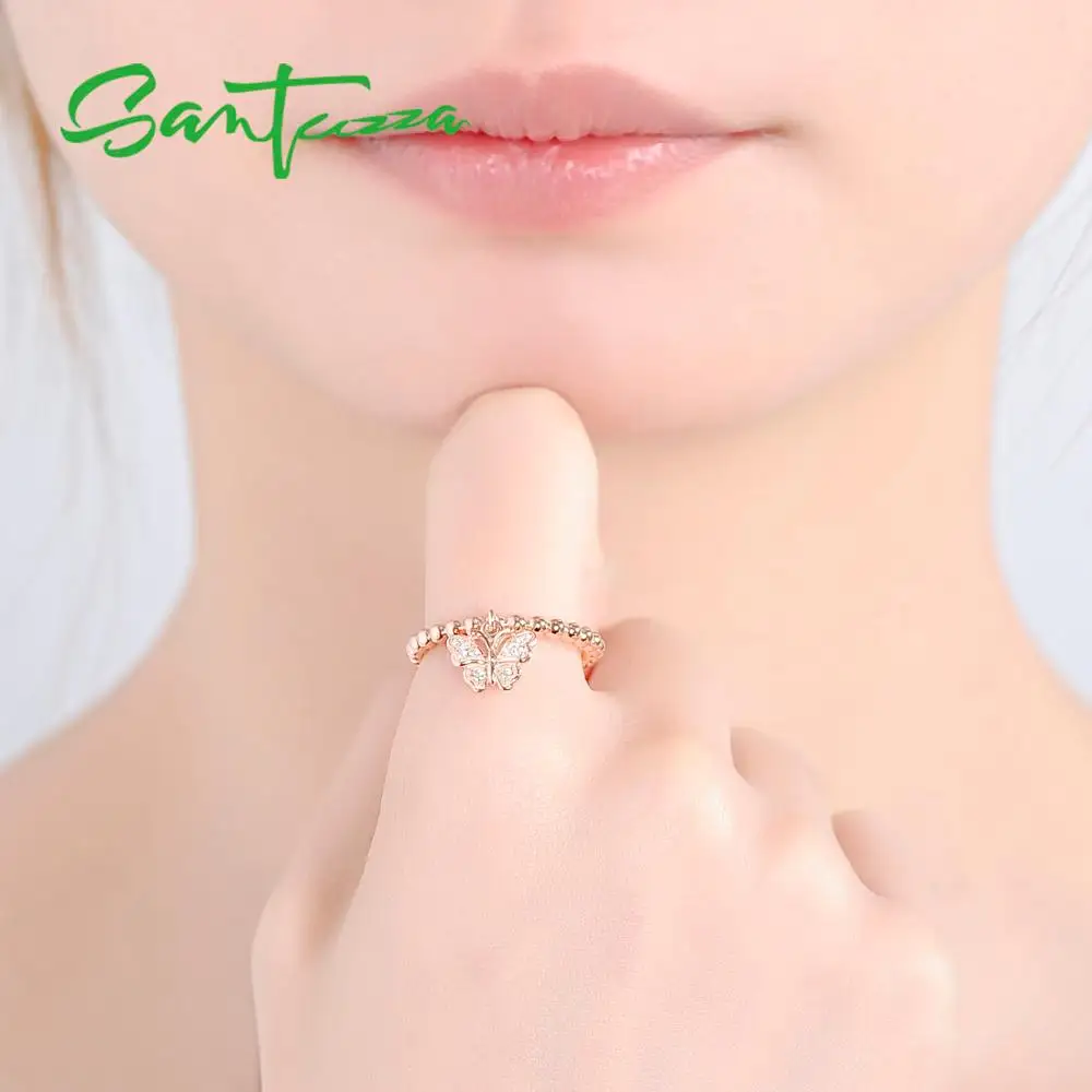 SANTUZZA, серебряное кольцо для женщин, 925 пробы, серебряные кольца, розовое золото, Бабочка, кубический цирконий, набор колец, вечерние ювелирные изделия