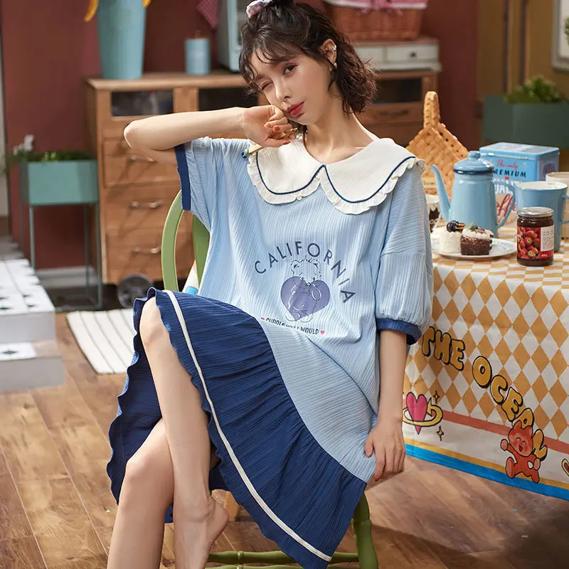 New Style Cotton Pajamas Ladies Summer Short-sleeved Nightdress Female Korean Style Cute Loose Plus Over-the-knee Home Service