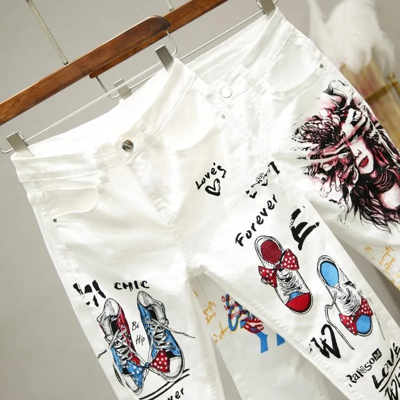 

plus Size Women White Denim Jeans Cartoon Graffiti Flowers Print Stretched Hallen Jeans Pencil Pants Autumn Skinny Jeans LU1271