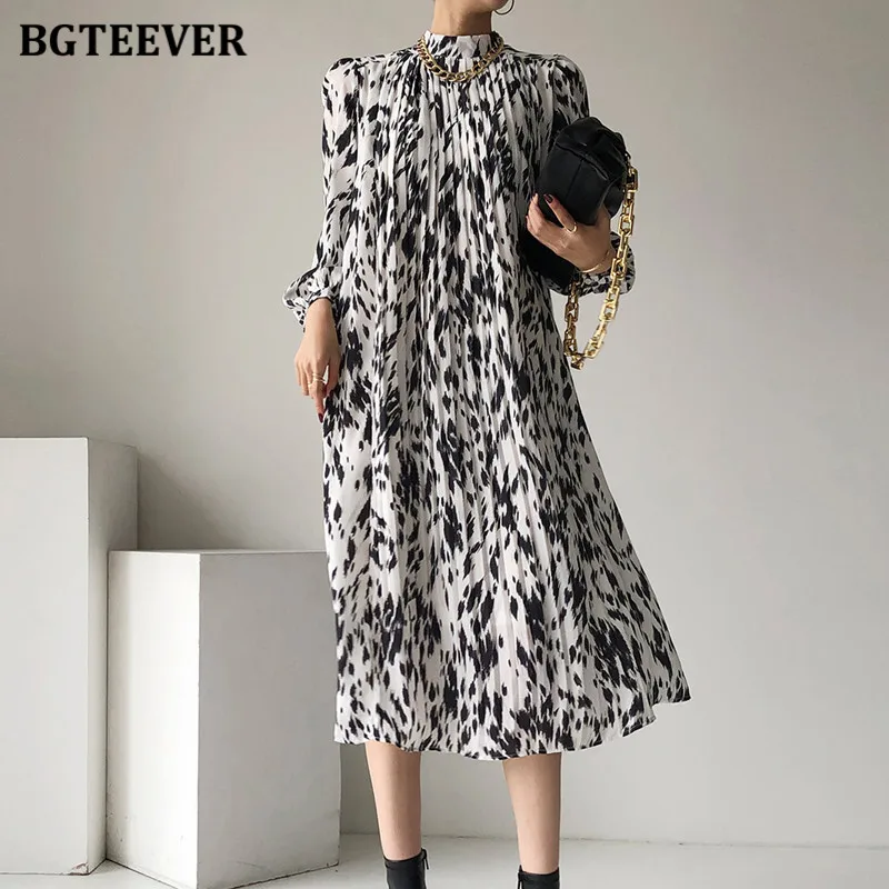 bgteever 2021 spring new stand collar women full sleeve dress elegant hit color female lace up printed midi dress vestidos free global shipping