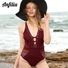 Женский слитный купальник Anfilia, сетчатый купальник с глубоким V-образным вырезом, перекрещивающийся на спине бикини, сексуальный купальный костюм-монокини